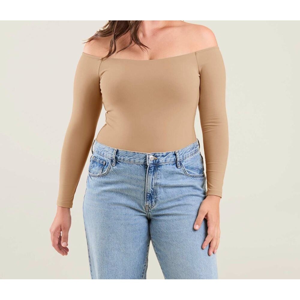 Nuuds Womens Seamless Beige Off The Shoulder Bodysuit Top‎ Stretch XXL